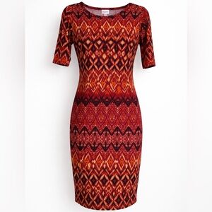 LuLaRoe Julia Dress XXS | Red Tribal Geometric Print | Bodycon Midi